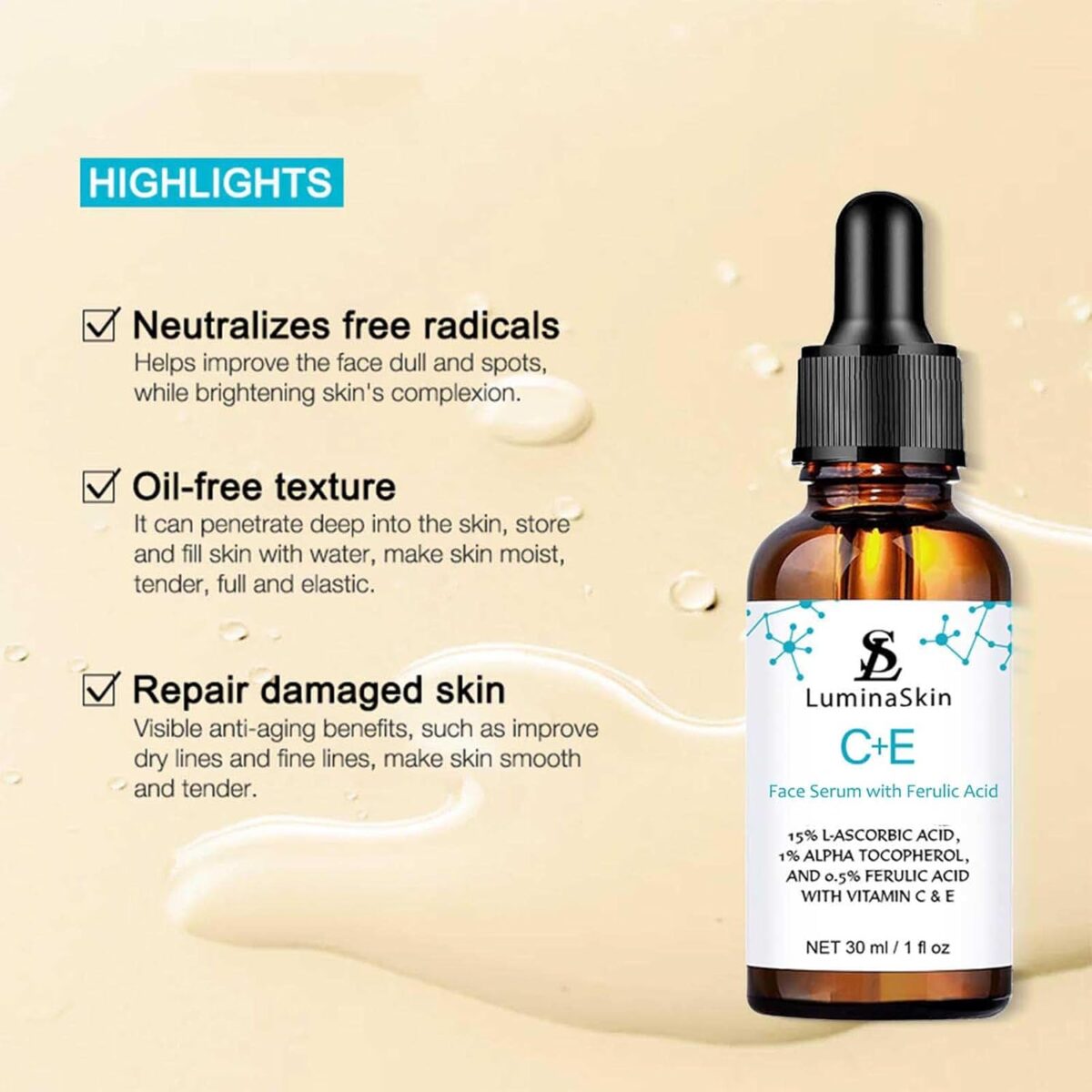 Vitamin CE Serum with Ferulic Acid – Brightening & Firming Serum for Face – Anti-Aging & Spot Corrector (1 oz) - Image 2