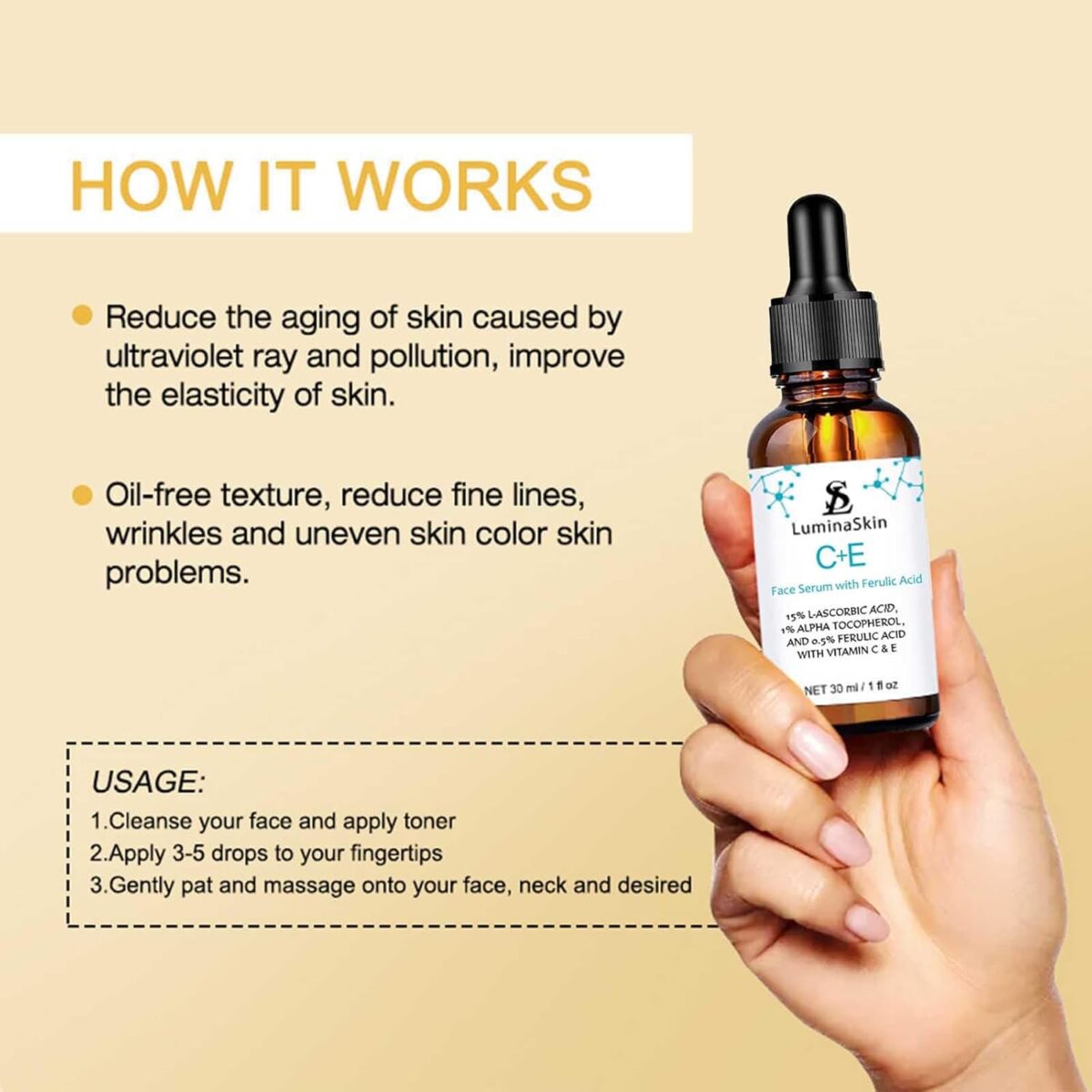 Vitamin CE Serum with Ferulic Acid – Brightening & Firming Serum for Face – Anti-Aging & Spot Corrector (1 oz) - Image 3